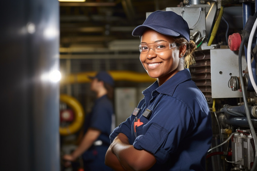 Female HVAC technician working on a blurred background