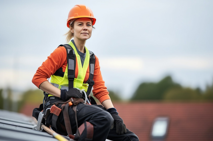 Female roofer working confidently on a blurred background