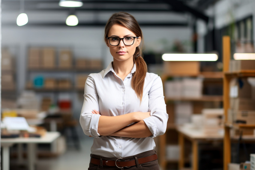 Woman mason confidently works on blurred background