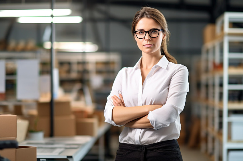 Woman mason confidently works on blurred background