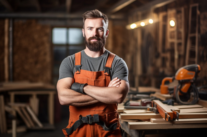 Carpenter working on blurred background