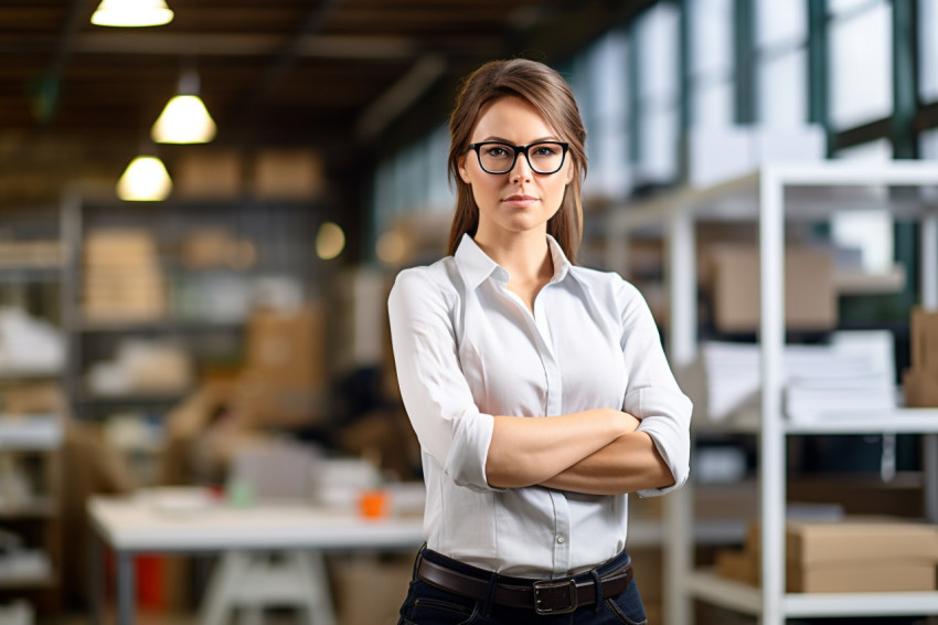 Woman mason confidently works on blurred background