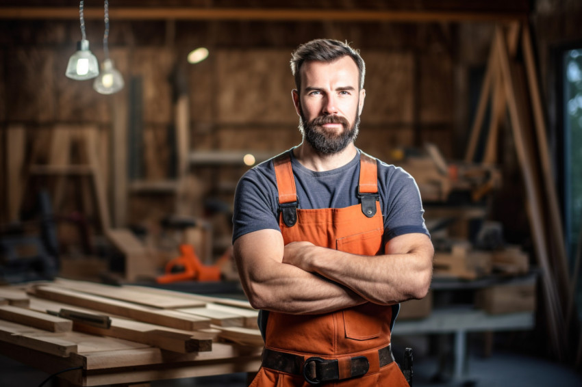 Carpenter working on blurred background