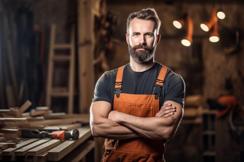 Carpenter working on blurred background