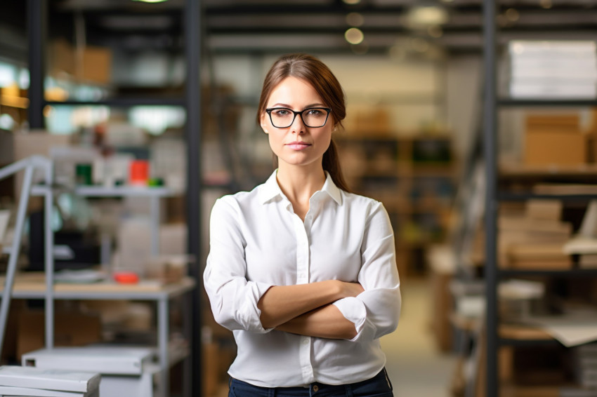 Woman mason confidently works on blurred background