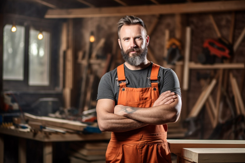 Carpenter working on blurred background