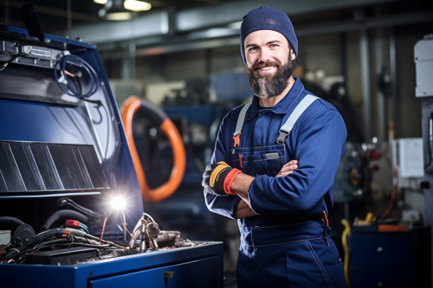 HVAC technician working confidently on blurred background