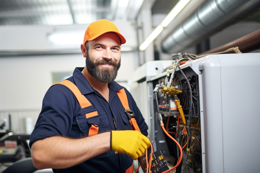 HVAC technician working confidently on blurred background