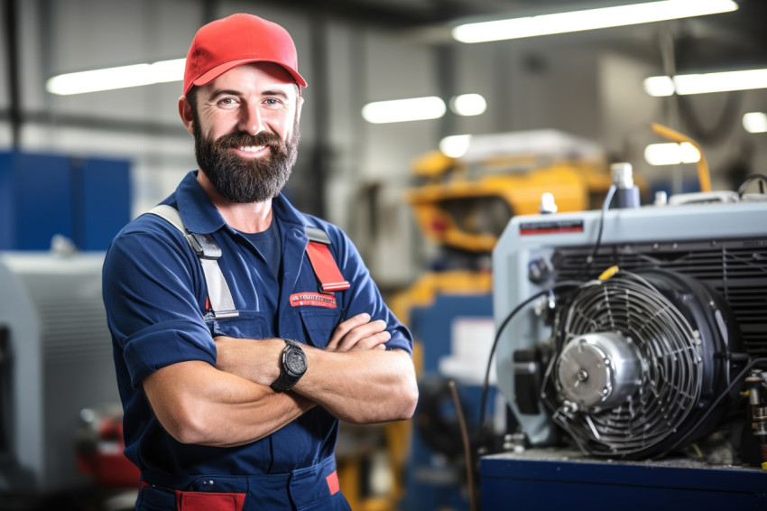 HVAC technician working confidently on blurred background