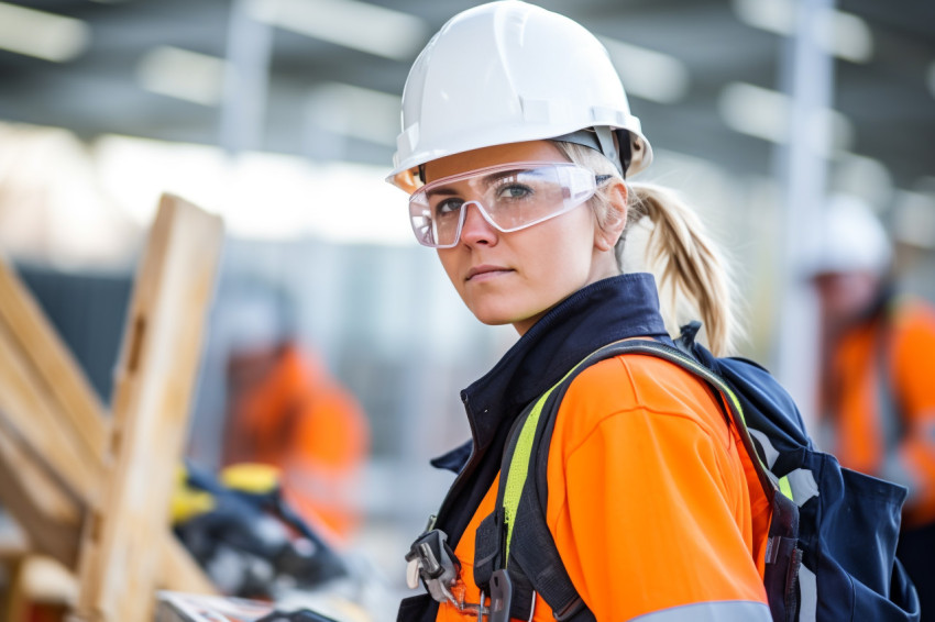 Female electrician at work blurred background