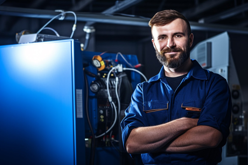 HVAC technician working confidently on blurred background