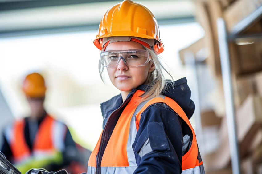 Female electrician at work blurred background