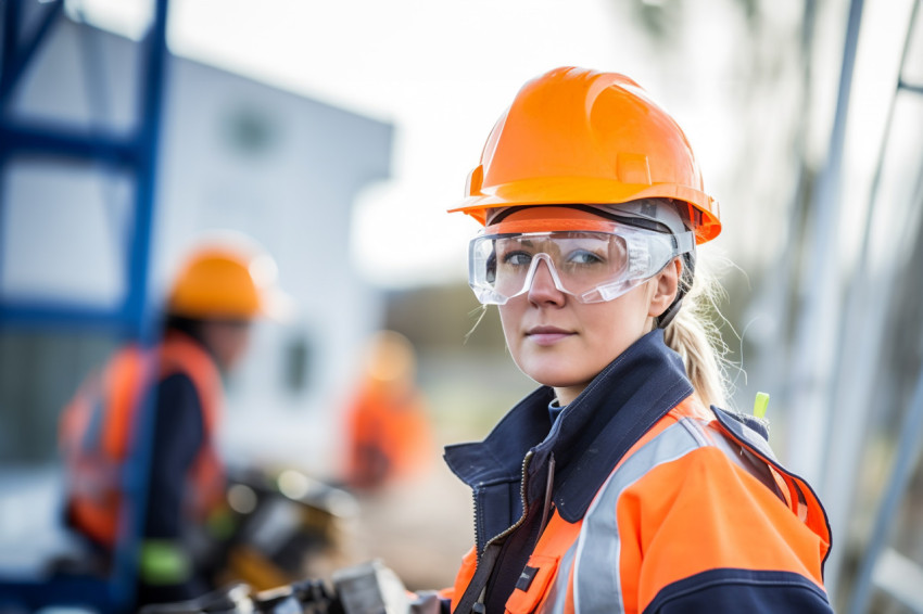 Female electrician at work blurred background