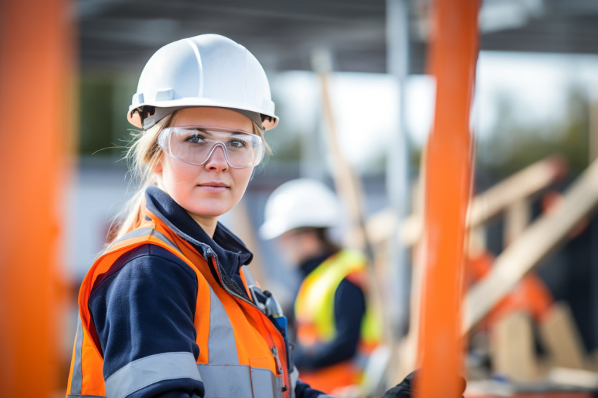 Female electrician at work blurred background