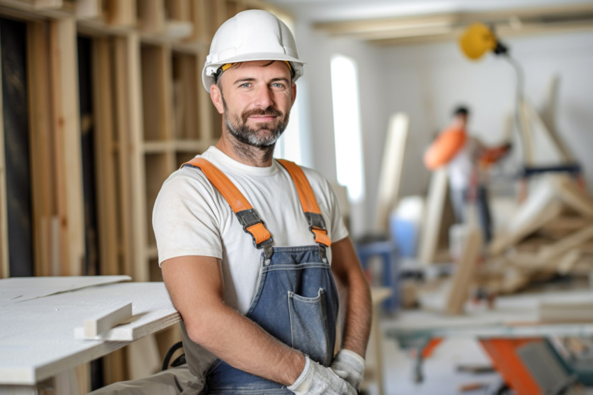 Female drywall contractor working on a blurred background