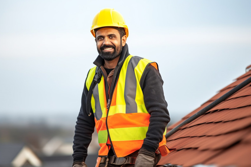 Indian roofer working on blurred background