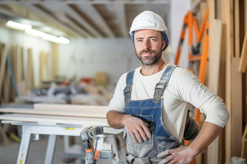 Female drywall contractor working on a blurred background