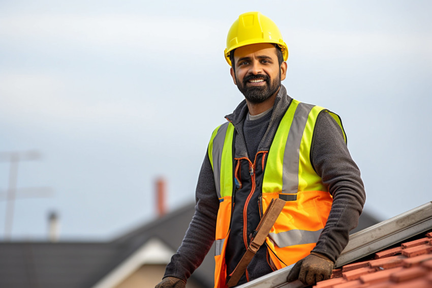 Indian roofer working on blurred background