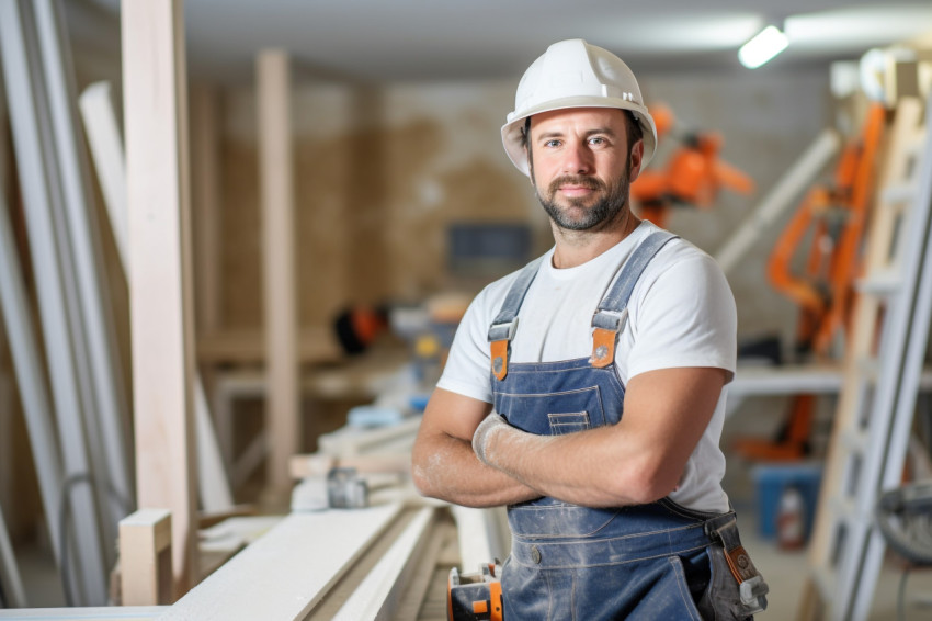 Female drywall contractor working on a blurred background