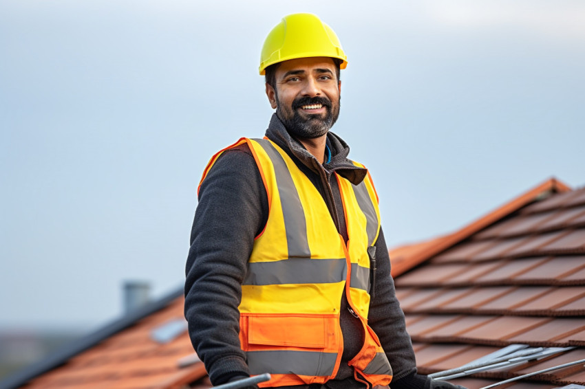 Indian roofer working on blurred background