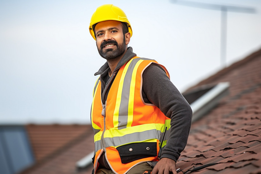 Indian roofer working on blurred background