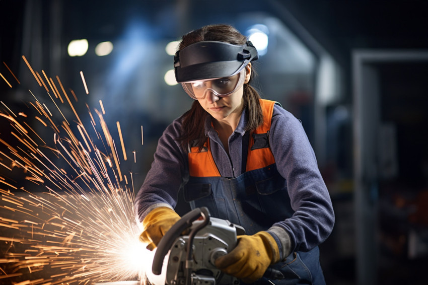 Confident female ironworker working on blurred background