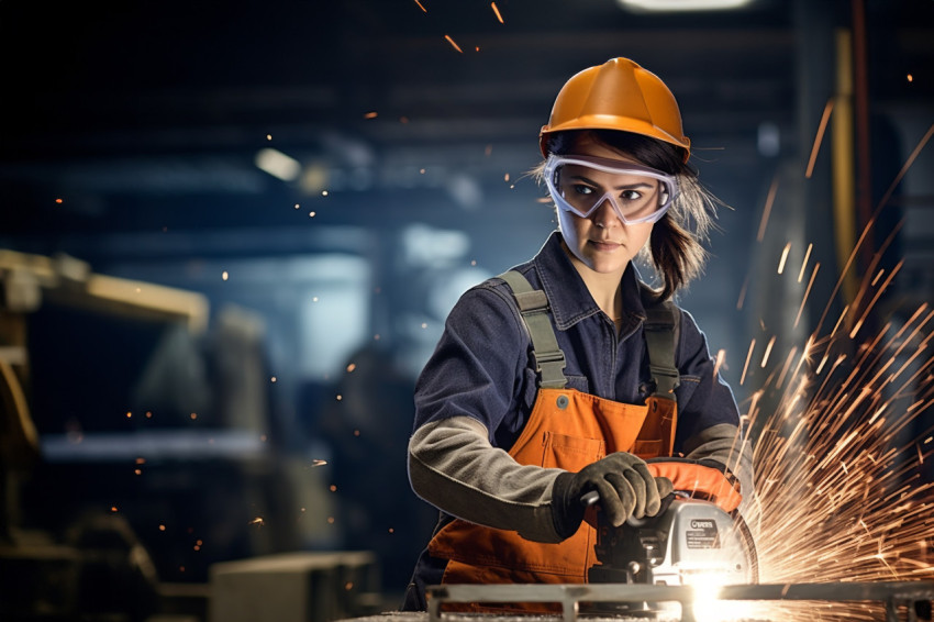 Confident female ironworker working on blurred background