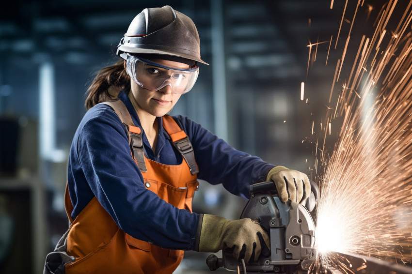 Confident female ironworker working on blurred background