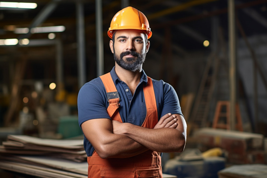 Indian construction worker working with confidence on a blurred background