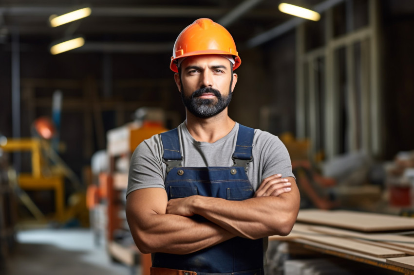 Indian construction worker working with confidence on a blurred background