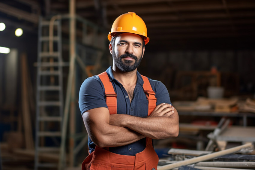 Indian construction worker working with confidence on a blurred background