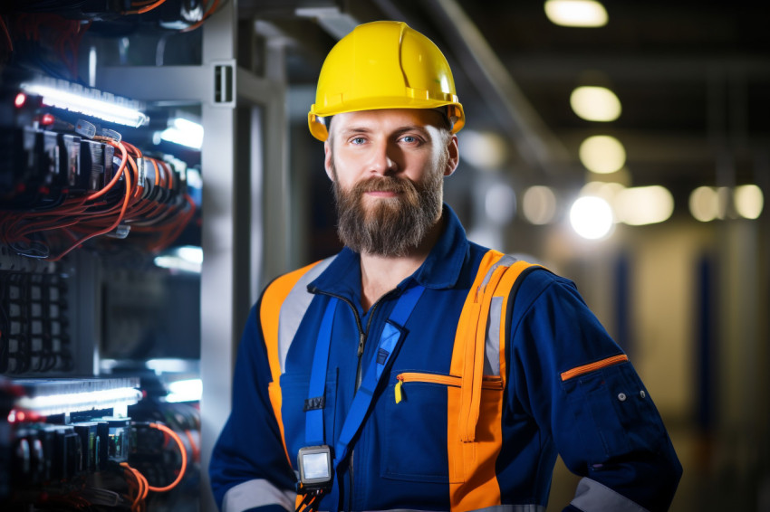 Electrician working confidently on blurry background