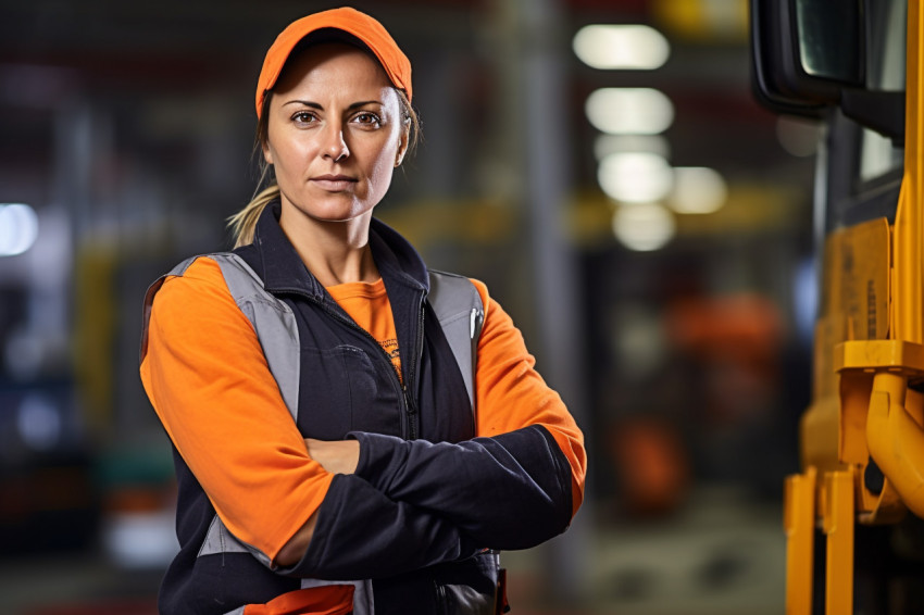 Confident construction worker working on blurred background