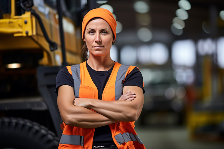 Confident construction worker working on blurred background