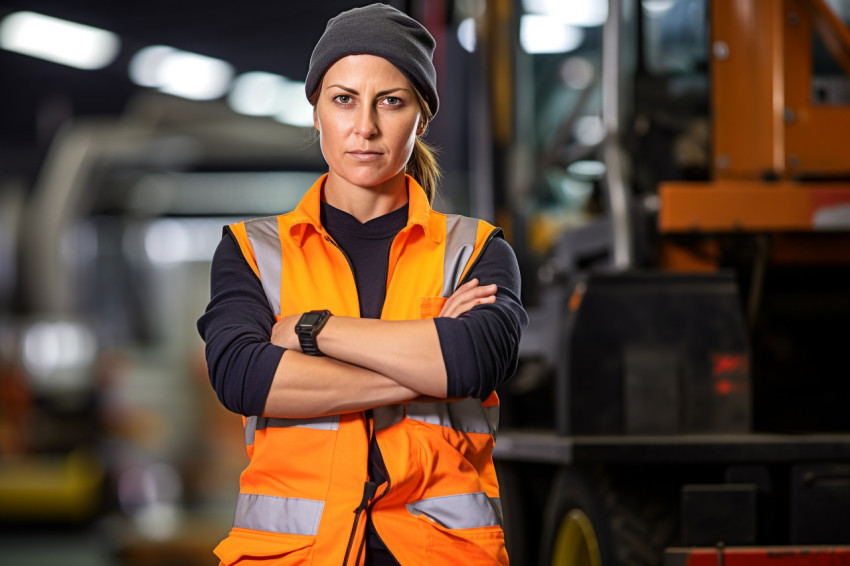 Confident construction worker working on blurred background