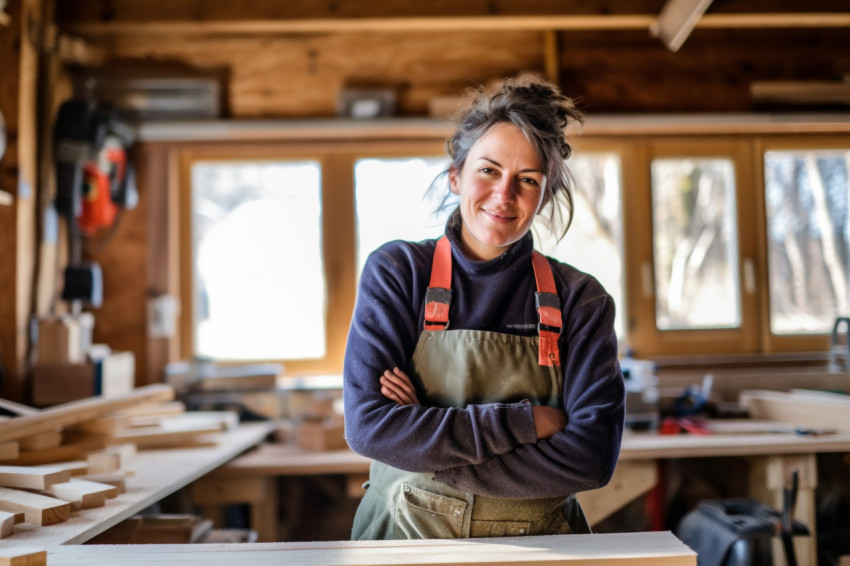 Female carpenter working with confidence