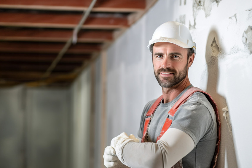 Drywall contractor working confidently blurred background