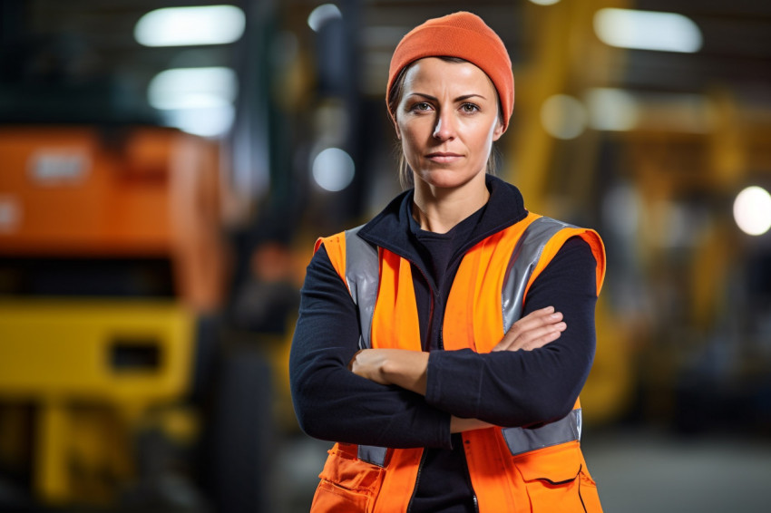 Confident construction worker working on blurred background