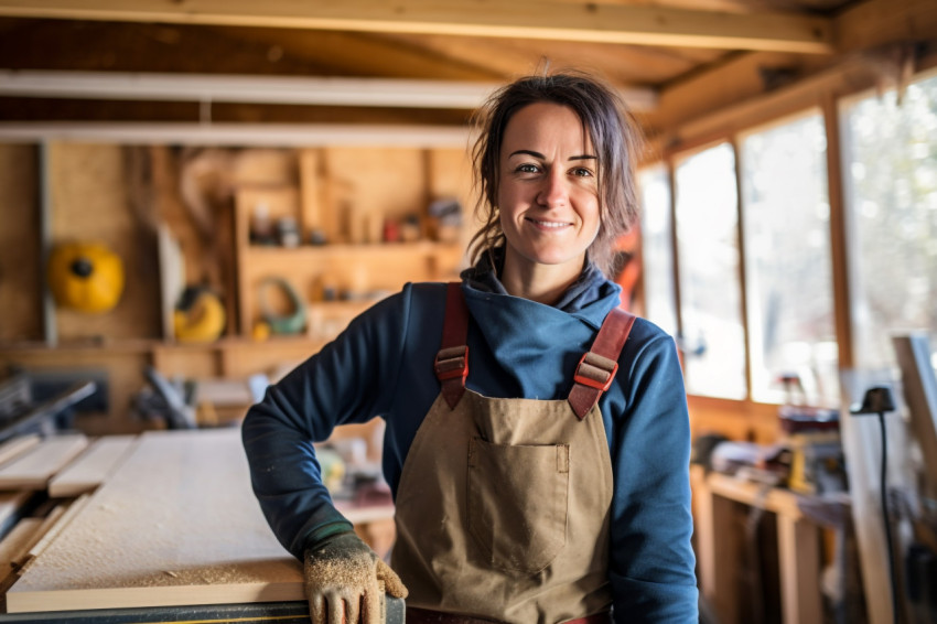 Female carpenter working with confidence