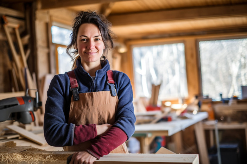 Female carpenter working with confidence