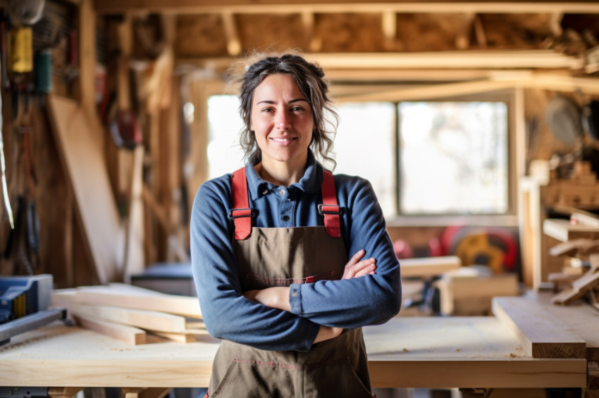 Female carpenter working with confidence