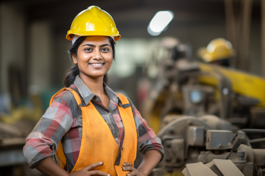 Indian woman construction worker smiling at work