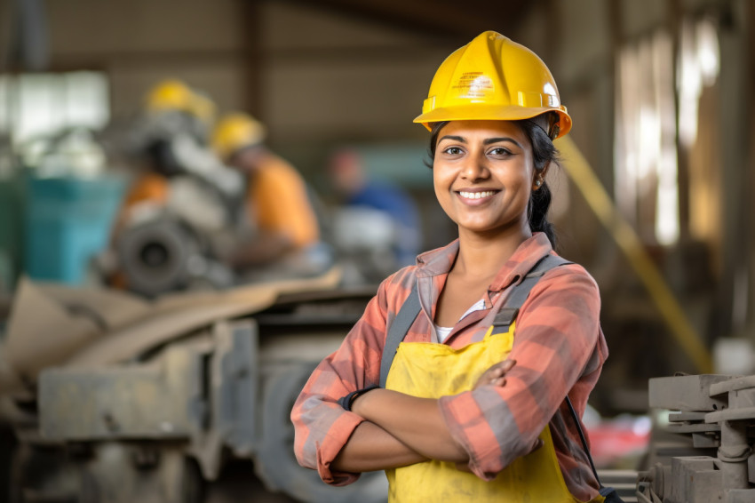 Indian woman construction worker smiling at work