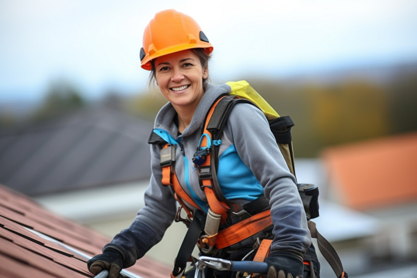 Female roofer working with a smile