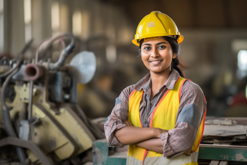 Indian woman construction worker smiling at work