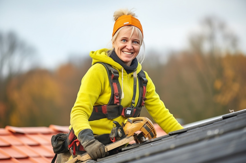 Female roofer working with a smile