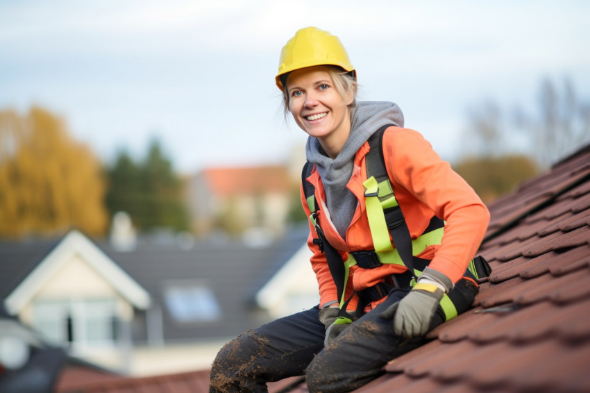 Female roofer working with a smile