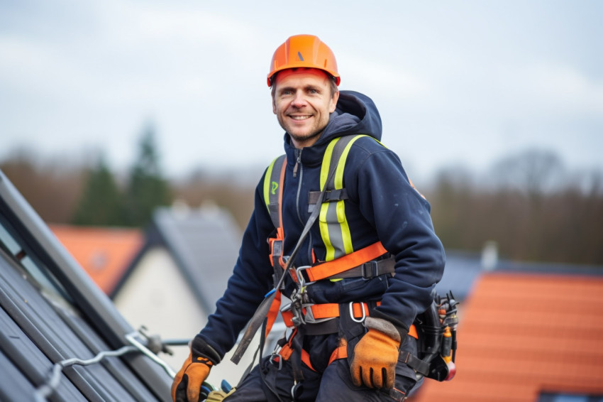 Female roofer working with a smile