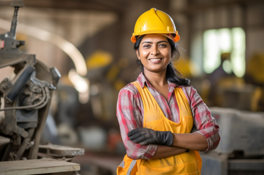 Indian woman construction worker smiling at work