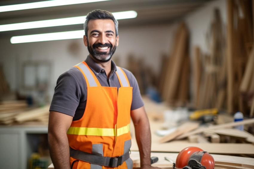 Indian carpenter working on blurred background